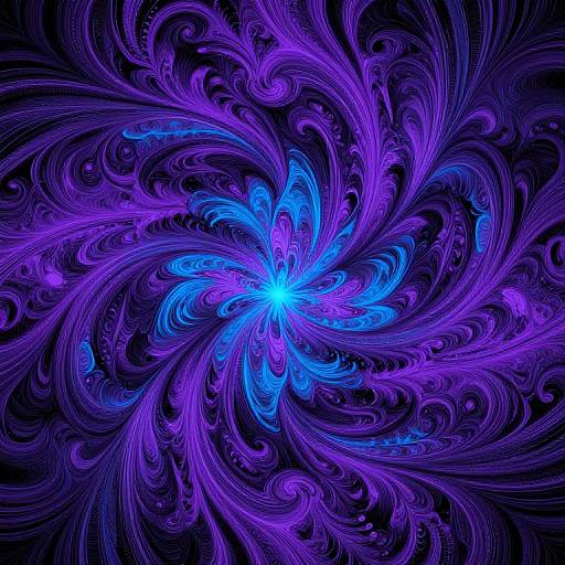 Vibrant digital art of a swirling, glowing floral pattern in vivid blue and purple hues against a dark black background.
