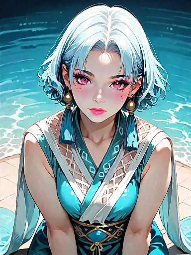 Anime Style Girl in Blue Geometric Dress by Pool