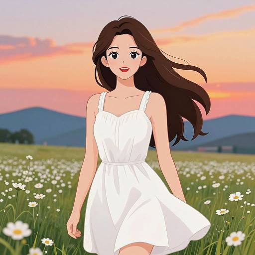 Digital anime-style drawing of a smiling woman with long brown hair, wearing a white sundress, walking through a field of white daisies at sunset