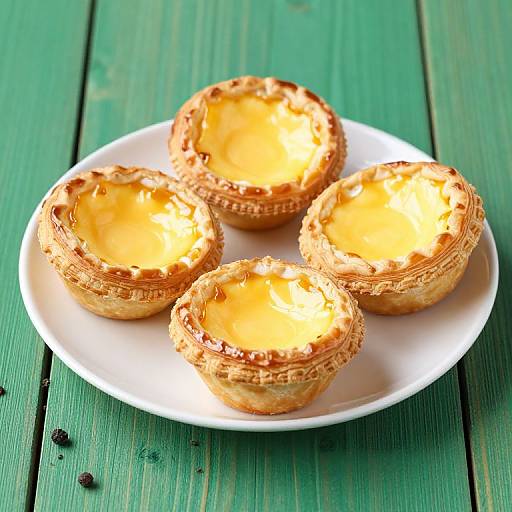 Photograph of four golden-yellow mini lemon tarts with crust edges, on a white plate, on a green wooden table.