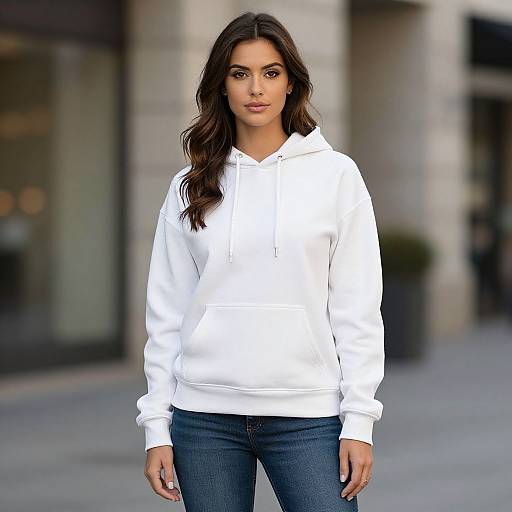 Photograph of a young woman with long, wavy brown hair, wearing a white hoodie and blue jeans, standing outdoors in an urban setting.