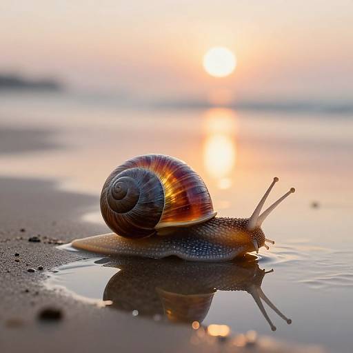 Photograph of a brown and orange snail with a reflective shell, crawling on a wet, sandy beach at sunset.