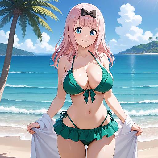 Fujiwara Chika in Frilled Green Bikini