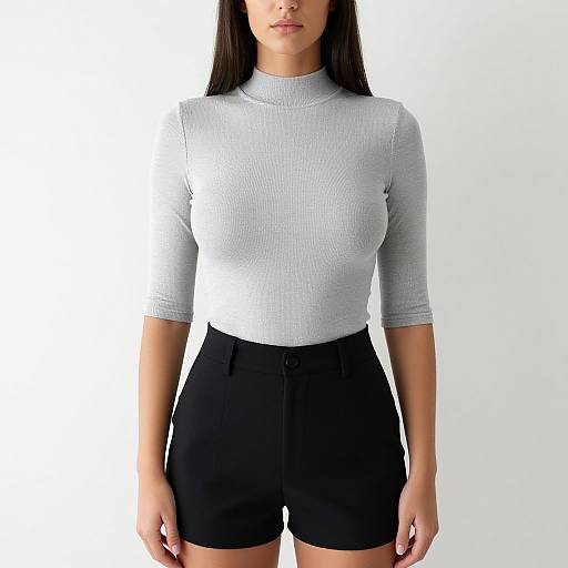 Photograph of a woman with straight dark hair wearing a light gray ribbed turtleneck and black high-waisted shorts against a white background.
