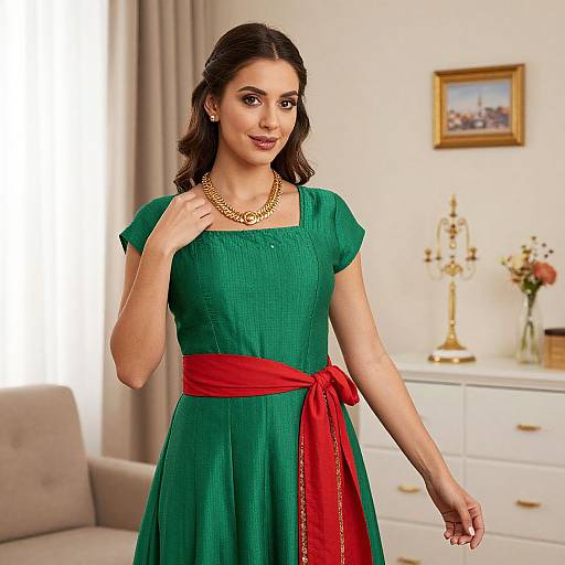 Photograph of a smiling woman with medium brown skin and dark hair, wearing a green dress with red sash, gold necklace, standing in a bright