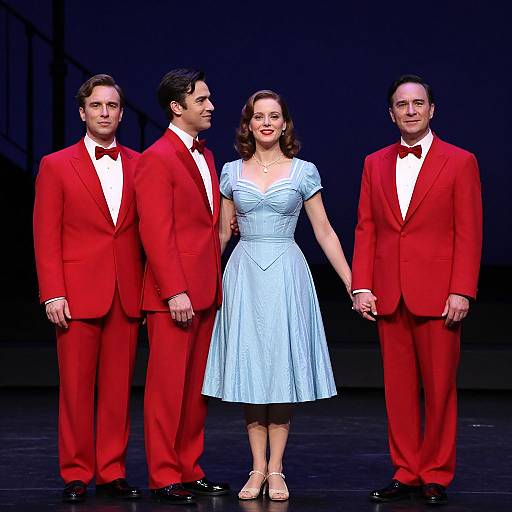 Photograph of a stage production: a woman in a light blue 1950s-style dress, holding hands with three men in red tuxed