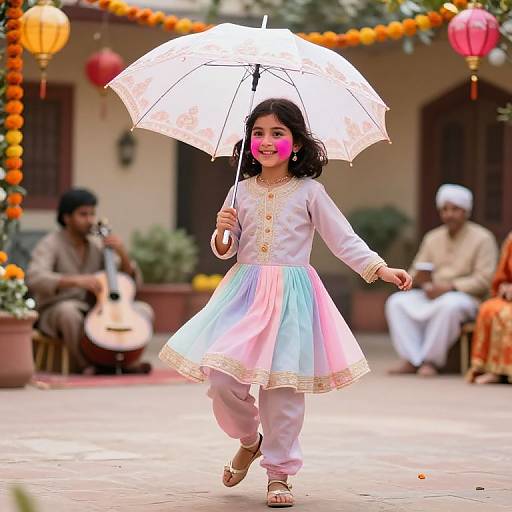 Photograph of a young girl in a white and pastel pink traditional dress, holding a white umbrella, walking joyfully outdoors. Background: blurred musicians