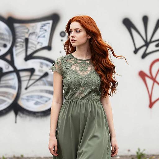 Red-Haired Woman in Olive Lace Dress