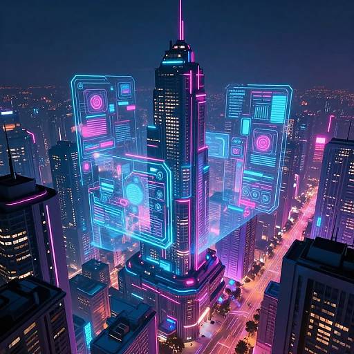 Neon-lit, futuristic cityscape photograph at night, showcasing glowing blue and pink digital holograms on skyscrapers, with illuminated streets below.
