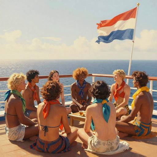 Photograph of six diverse, topless individuals with colorful scarves and skirts, seated on a sunny deck overlooking the ocean, with a waving Indonesian flag