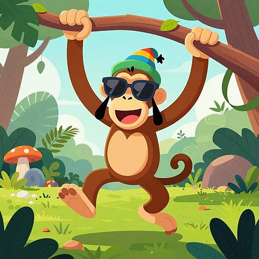 Cartoon monkey with green beanie, rainbow stripe, and black sunglasses swings joyfully from a tree branch in a vibrant, sunny forest.