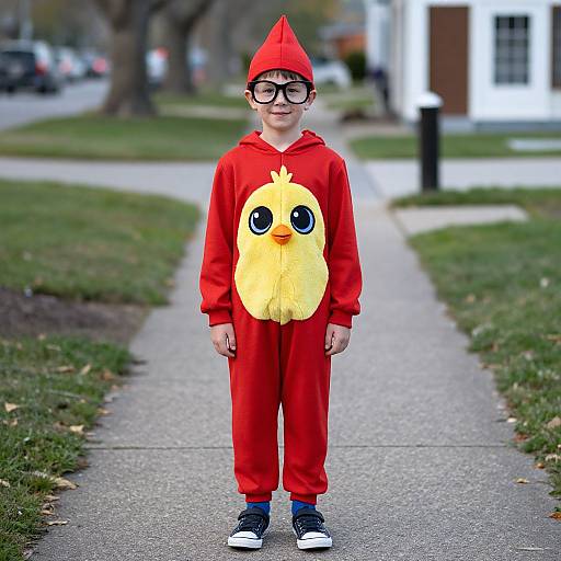 Photograph of a young boy in a bright red chicken costume with large yellow face, red hat, black glasses, and black sneakers, standing on a