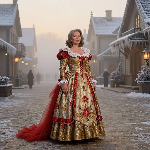 Photograph of a woman in a gold and red Renaissance-style gown with white lace, standing in a snowy, foggy village street.