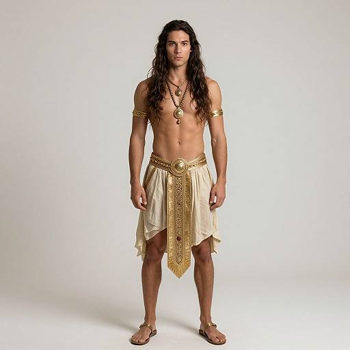 Photograph of a muscular, dark-haired man with long hair, wearing a gold armlet, necklace, and white, gold-embellished skirt