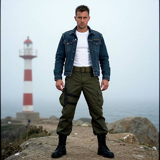 Photograph of a muscular man with short brown hair, wearing a denim jacket, white tee, olive cargo pants, and black boots, standing in front