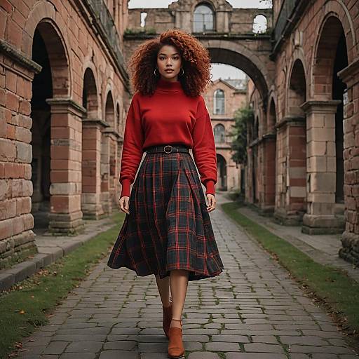 Confident Woman Walking Among Ancient Ruins