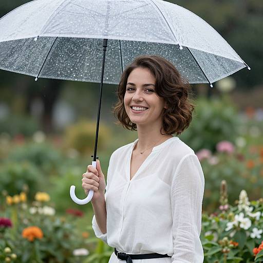 Photograph of a smiling woman with short, wavy brown hair, wearing a white blouse and black belt, holding a transparent umbrella in a colorful,