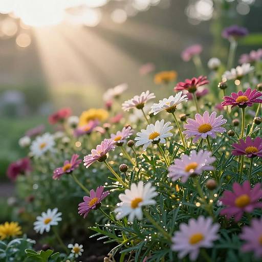 Photograph of a sunlit garden with blooming pink, white, and yellow daisies, backlit by golden sunlight and blurred greenery.