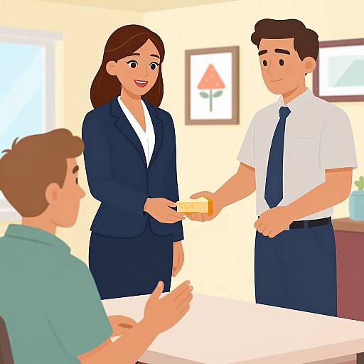 Digital illustration of three business professionals; a woman in a navy suit, a man in a white shirt and navy tie, and another man in a green