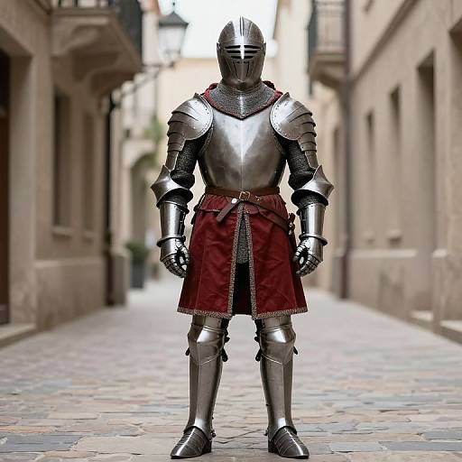 Photorealistic CGI of a medieval knight in silver armor, red velvet tunic, standing on a cobblestone street in a narrow, sunlit