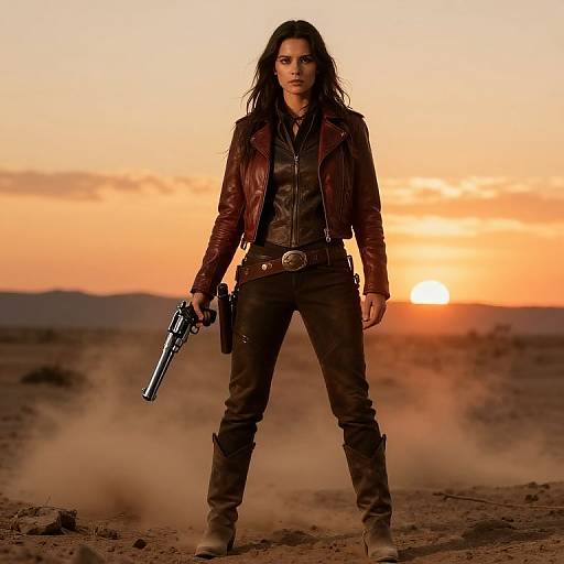 Photograph of a fierce woman with long black hair, wearing a leather jacket and pants, holding a gun at sunset in a dusty desert. Orange sky