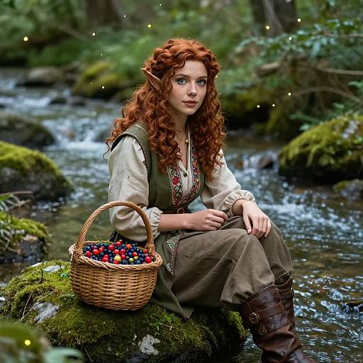 Digital artwork of a red-haired elven woman with pointed ears, wearing medieval attire, sitting by a mossy forest stream, holding a wicker basket