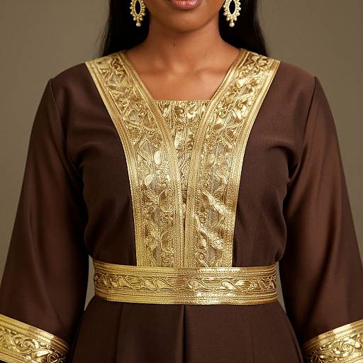 Photograph of a woman in a brown, gold-embroidered traditional dress with intricate patterns, wearing ornate gold earrings, against a plain gray