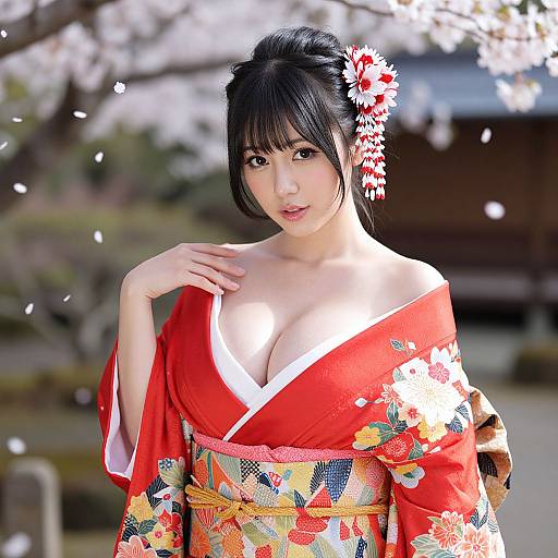 Photograph of a young Asian woman with fair skin, black hair in an updo, wearing a red floral kimono, exposing ample cleavage,