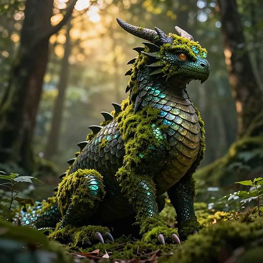 Digital art of a moss-covered, green and blue-scaled dragon with glowing eyes, sitting in a sunlit forest. Detailed scales, sharp horns,