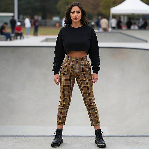 Photograph of a young woman with dark curly hair, wearing a black crop top, high-waisted plaid pants, and black boots, standing