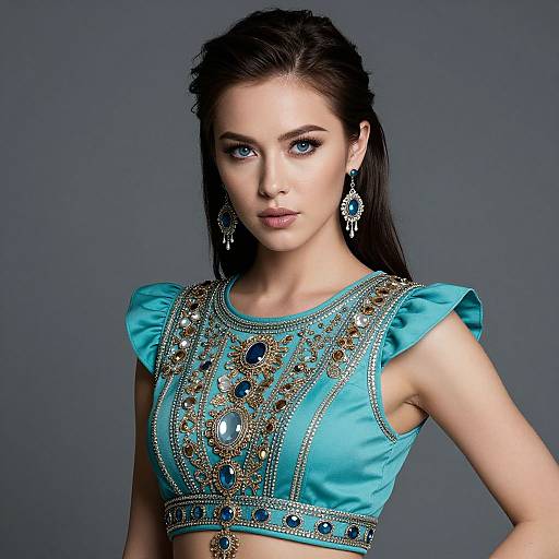 Photograph of a young woman with fair skin, blue eyes, and dark brown hair, wearing an ornate turquoise crop top with gold and blue embroidery