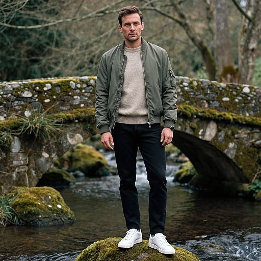 Photograph of a bearded man standing on a mossy rock, wearing a green jacket, beige sweater, black pants, and white sneakers, in