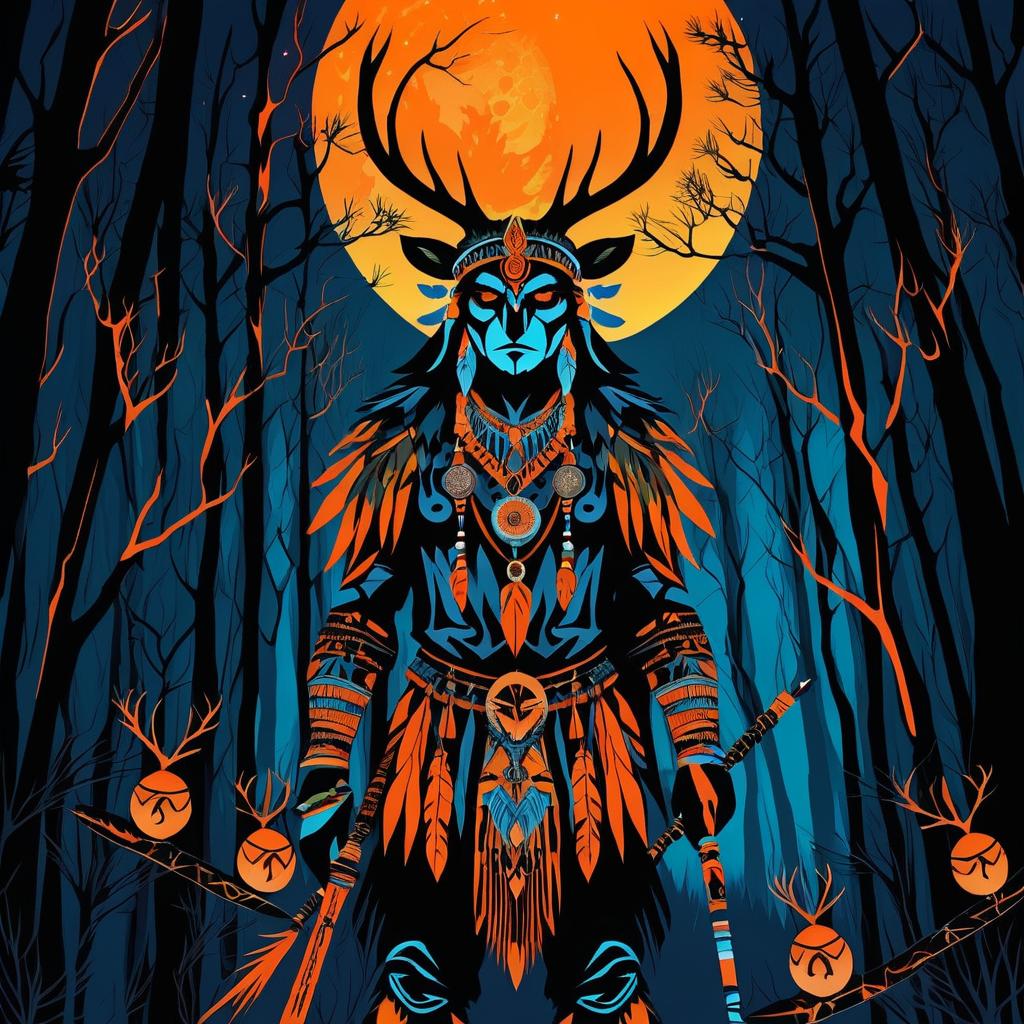 Nighttime Tribal Hunter in Vibrant Forest