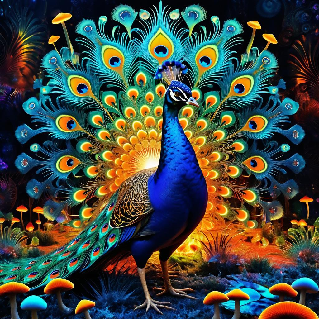 Surreal Peacock Amidst Glowing Mushrooms