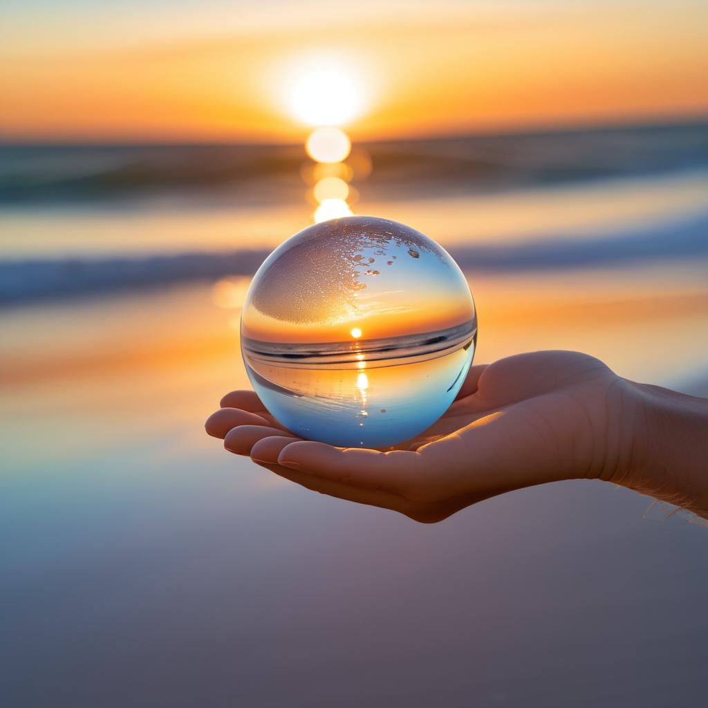 Child's Hand Holding Sunset Glass Sphere