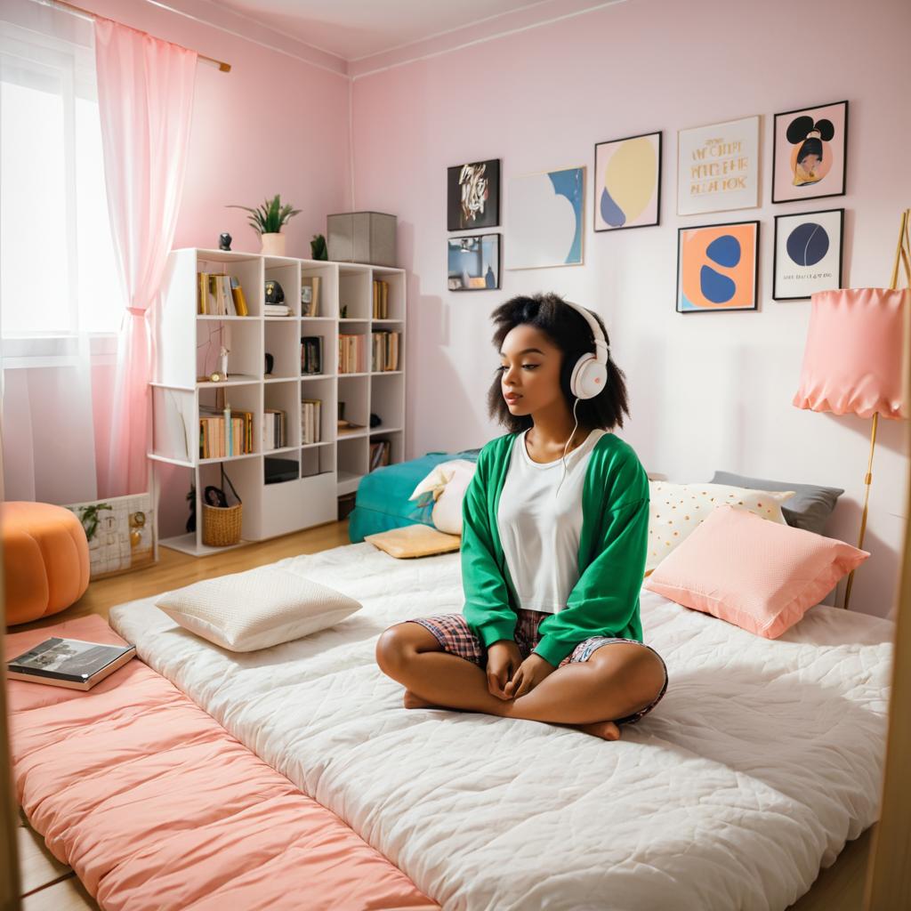 Cozy Bedroom Scene with Girl Listening