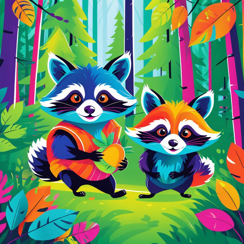 Playful Raccoons in a Whimsical Forest