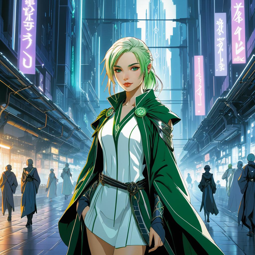 Elegant Elf Mage in Cyberpunk City