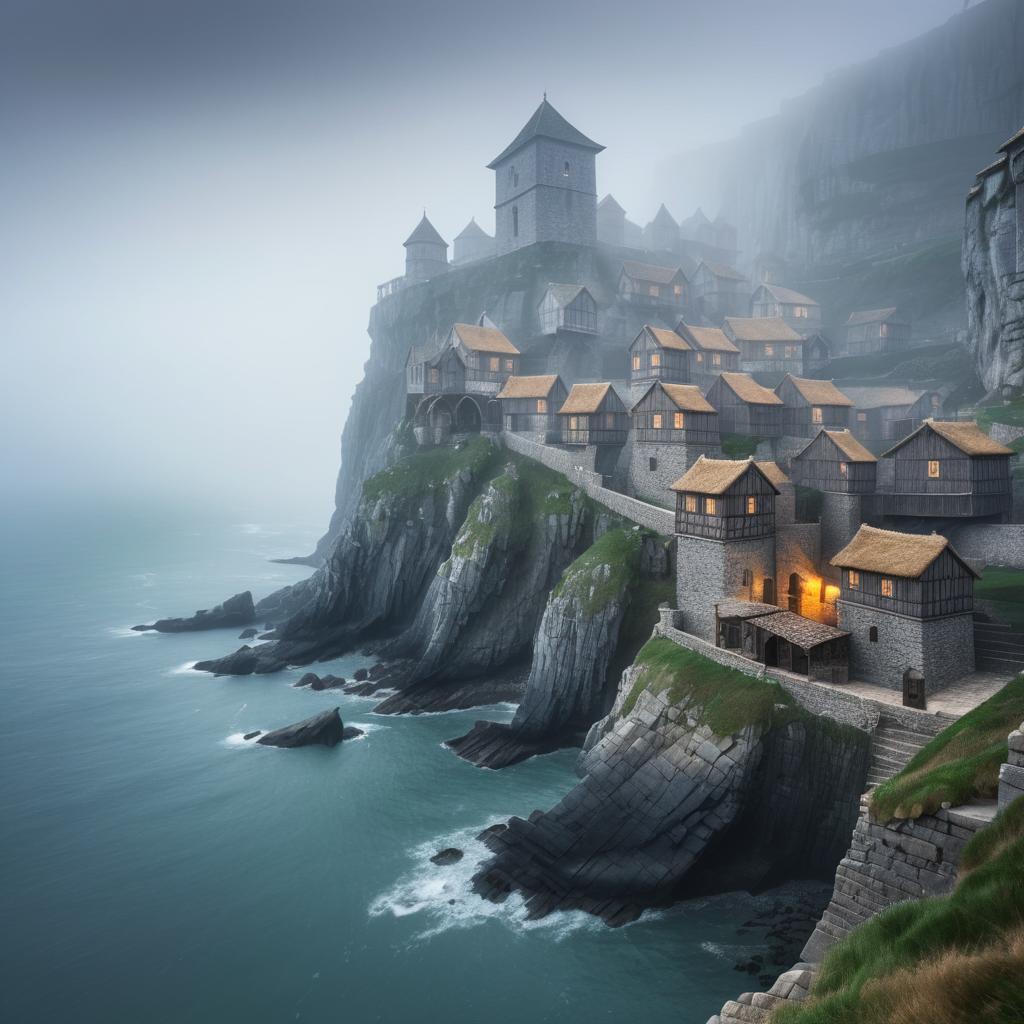 Misty Medieval Fortress Overlooking Village