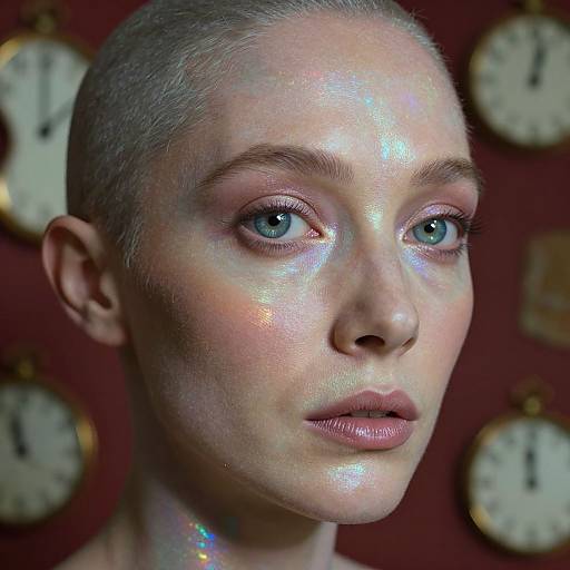 Photorealistic digital portrait of a bald woman with blue eyes, glossy skin, and subtle pink lips, against a red background with clock faces.