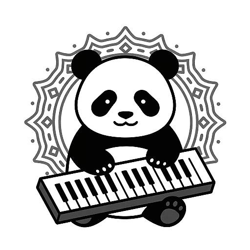 Cartoon black-and-white panda playing keyboard, holding it with both paws, surrounded by a starburst pattern. Digital illustration.