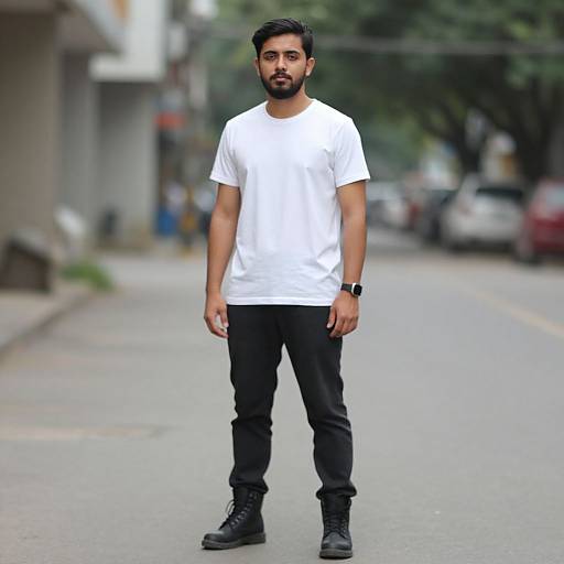 Photograph of a bearded man with dark hair, wearing a white t-shirt, black pants, and black boots, standing on a suburban street.