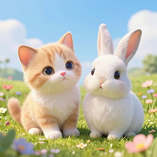 Photorealistic CGI of a cute, orange tabby kitten with big blue eyes and a white bunny with black eyes sitting on vibrant green grass with colorful