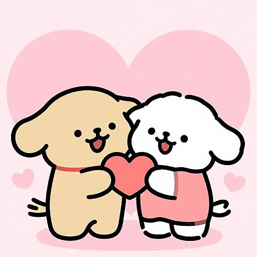 Cute digital drawing of two chibi-style dogs, one beige and one white, holding a red heart against a pink heart background. They both smile