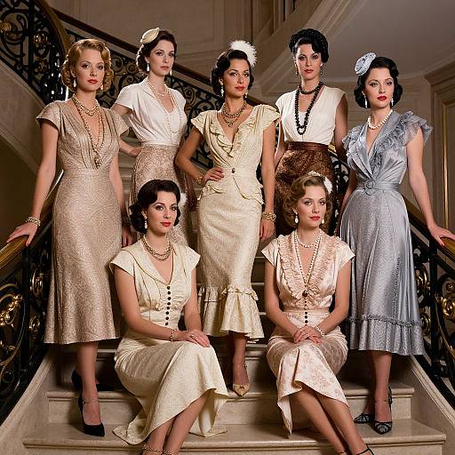 Photograph of six 1940s-style women in elegant, vintage dresses and accessories, posing on ornate staircase; varying cream, white, and