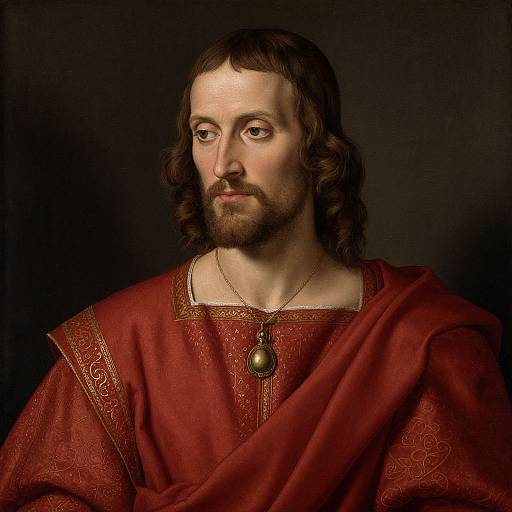 Photographic-style Renaissance portrait of a bearded, pale-skinned man with long brown hair, wearing a red, embroidered tunic and gold pendant,