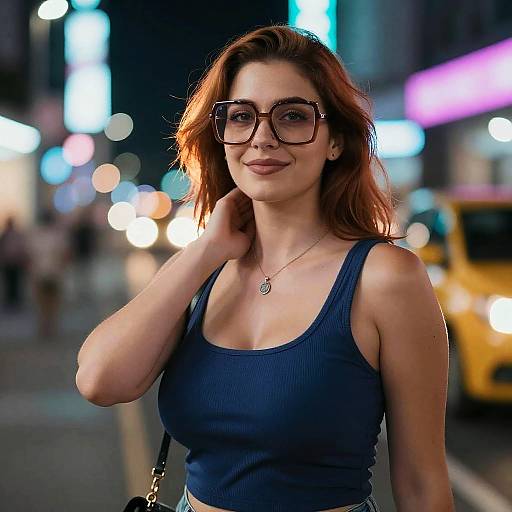 Photograph of a smiling red-haired woman with glasses, wearing a navy tank top and necklace, standing on a brightly lit, bustling city street at night