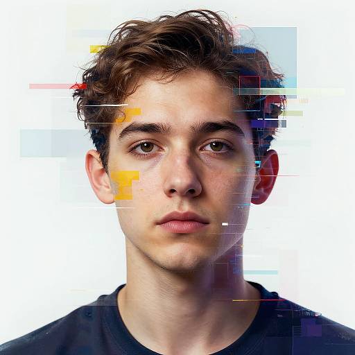 Digital portrait of a young man with wavy brown hair, fair skin, and brown eyes, wearing a black shirt, with pixelated and colorful glitches