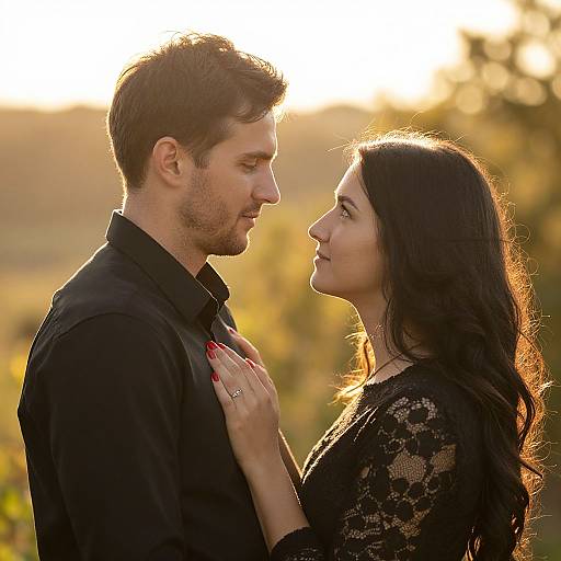 Photograph of a couple gazing into each other's eyes during sunset, with the woman gently touching the man's chest, both wearing black clothing,