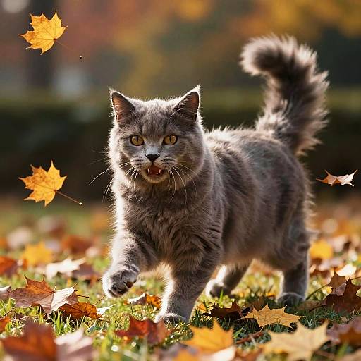 Playful Gray Cat with Autumn Leaves